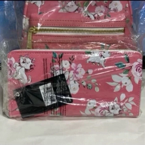 Disney aristocats pink Marie floral Loungefly mini backpack and wallet SET NWT